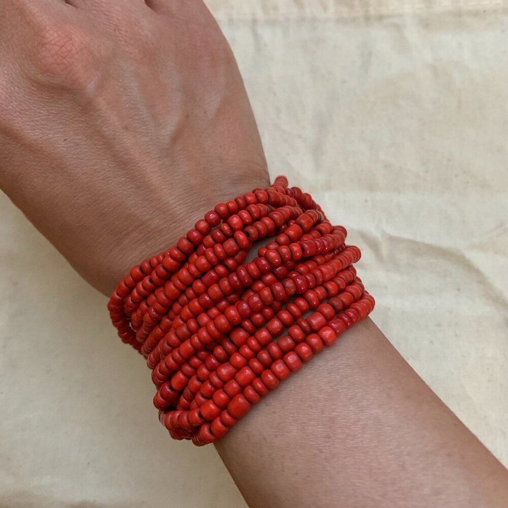 Boho Red Beaded Bracelet Wooden clasp accent Bold Jewelry